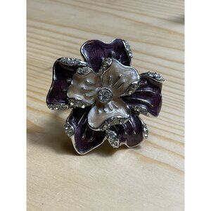 Silver Tone Purple Enameled Rhinestone Ring